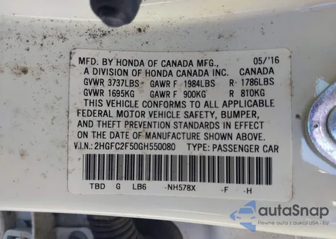 2016 Honda Civic Lx z USA, uszkodzony, nr VIN 2HGFC2F50GH550080